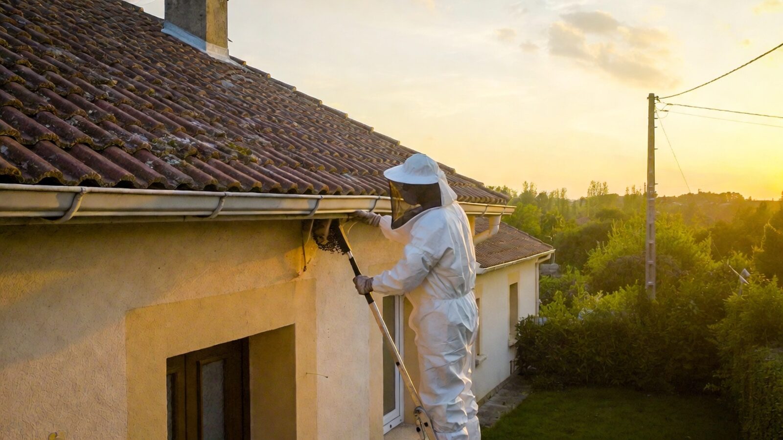 Technicien en combinaison de protection retirant un nid de guêpes sous une toiture